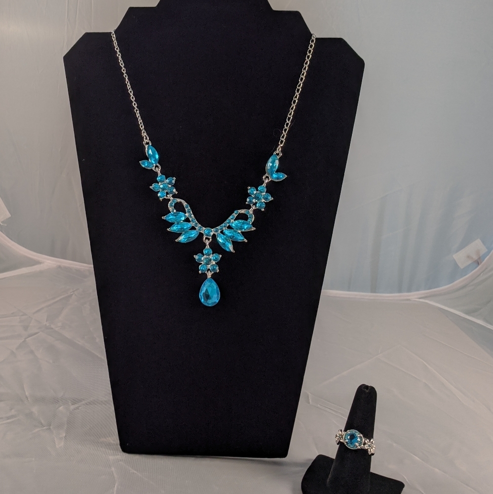 Crystal Pendant Statement Necklace & Ring Set